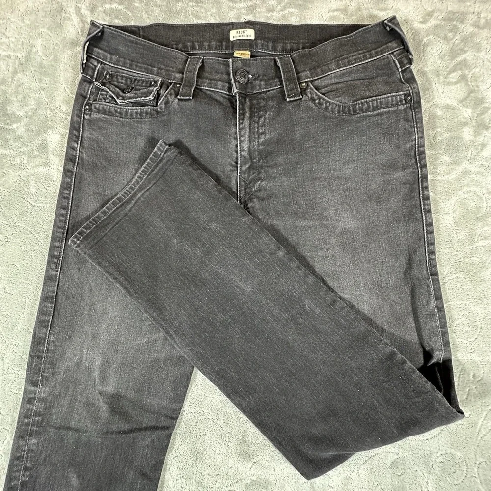 True Religion Ricky Relaxed Straight Jeans Mens 36x31 Black Flap Pocket Y2K VTG